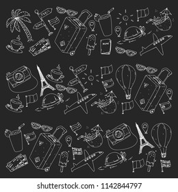 Vector pattern with travel icons. Get ready for adventures and travel. Great vacation, holidays. Hot air balloon, suitcase, airplane.