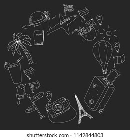 Vector pattern with travel icons. Get ready for adventures and travel. Great vacation, holidays. Hot air balloon, suitcase, airplane.