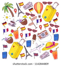 Vector pattern with travel icons. Get ready for adventures and travel. Great vacation, holidays. Hot air balloon, suitcase, airplane.