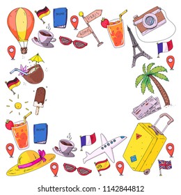 Vector pattern with travel icons. Get ready for adventures and travel. Great vacation, holidays. Hot air balloon, suitcase, airplane.