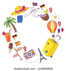 Vector pattern with travel icons. Get ready for adventures and travel. Great vacation, holidays. Hot air balloon, suitcase, airplane.