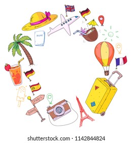 Vector pattern with travel icons. Get ready for adventures and travel. Great vacation, holidays. Hot air balloon, suitcase, airplane.