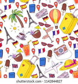 Vector pattern with travel icons. Get ready for adventures and travel. Great vacation, holidays. Hot air balloon, suitcase, airplane.