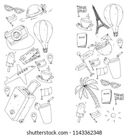 Vector pattern with travel icons. Get ready for adventures and travel. Great vacation, holidays. Hot air balloon, suitcase, airplane.