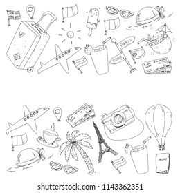 Vector pattern with travel icons. Get ready for adventures and travel. Great vacation, holidays. Hot air balloon, suitcase, airplane.