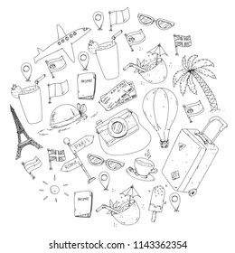 Vector pattern with travel icons. Get ready for adventures and travel. Great vacation, holidays. Hot air balloon, suitcase, airplane.