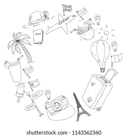 Vector pattern with travel icons. Get ready for adventures and travel. Great vacation, holidays. Hot air balloon, suitcase, airplane.