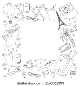 Vector pattern with travel icons. Get ready for adventures and travel. Great vacation, holidays. Hot air balloon, suitcase, airplane.