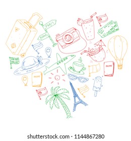 Vector pattern with travel icons. Get ready for adventures and travel. Great vacation, holidays. Hot air balloon, suitcase, airplane.
