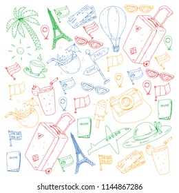 Vector pattern with travel icons. Get ready for adventures and travel. Great vacation, holidays. Hot air balloon, suitcase, airplane.