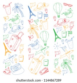 Vector pattern with travel icons. Get ready for adventures and travel. Great vacation, holidays. Hot air balloon, suitcase, airplane.