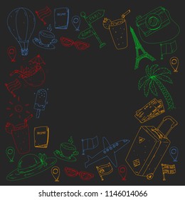 Vector pattern with travel icons. Get ready for adventures and travel. Great vacation, holidays. Hot air balloon, suitcase, airplane
