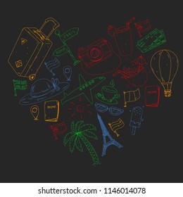Vector pattern with travel icons. Get ready for adventures and travel. Great vacation, holidays. Hot air balloon, suitcase, airplane