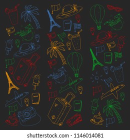 Vector pattern with travel icons. Get ready for adventures and travel. Great vacation, holidays. Hot air balloon, suitcase, airplane