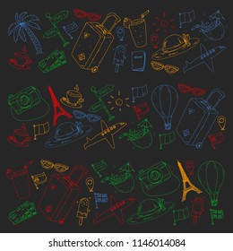 Vector pattern with travel icons. Get ready for adventures and travel. Great vacation, holidays. Hot air balloon, suitcase, airplane