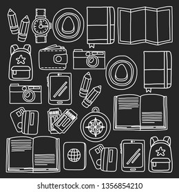 Vector pattern with travel icons. Get ready for adventures and travel. Hot air balloon, suitcase, airplane. Great vacation, holidays.