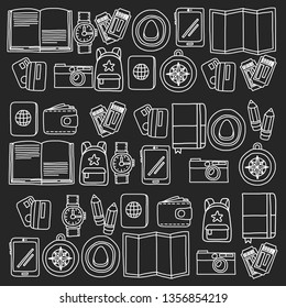 Vector pattern with travel icons. Get ready for adventures and travel. Hot air balloon, suitcase, airplane. Great vacation, holidays.