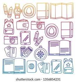 Vector pattern with travel icons. Get ready for adventures and travel. Hot air balloon, suitcase, airplane. Great vacation, holidays.