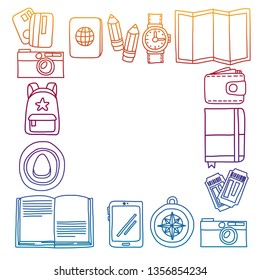 Vector pattern with travel icons. Get ready for adventures and travel. Hot air balloon, suitcase, airplane. Great vacation, holidays.