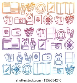 Vector pattern with travel icons. Get ready for adventures and travel. Hot air balloon, suitcase, airplane. Great vacation, holidays.