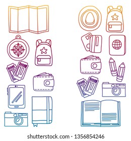 Vector pattern with travel icons. Get ready for adventures and travel. Hot air balloon, suitcase, airplane. Great vacation, holidays.