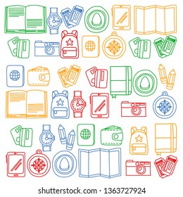 Vector pattern with travel icons. Get ready for adventures and travel. Hot air balloon, suitcase, airplane. Great vacation, holidays.