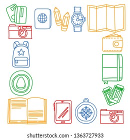 Vector pattern with travel icons. Get ready for adventures and travel. Hot air balloon, suitcase, airplane. Great vacation, holidays.