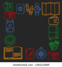 Vector pattern with travel icons. Get ready for adventures and travel. Hot air balloon, suitcase, airplane. Great vacation, holidays.