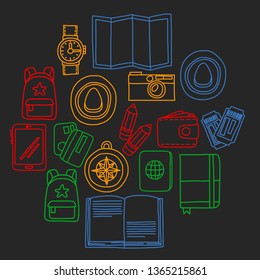 Vector pattern with travel icons. Get ready for adventures and travel. Hot air balloon, suitcase, airplane. Great vacation, holidays.