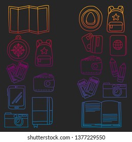 Vector pattern with travel icons. Get ready for adventures and travel. Hot air balloon, suitcase, airplane. Great vacation, holidays.
