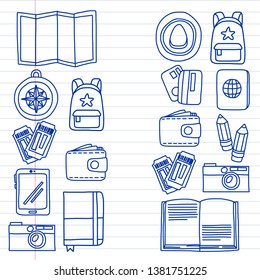 Vector pattern with travel icons. Get ready for adventures and travel. Hot air balloon, suitcase, airplane. Great vacation, holidays.