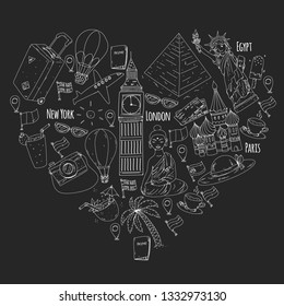 Vector pattern with travel icons. Great vacation, holidays. Hot air balloon, suitcase. Adventures and travel.