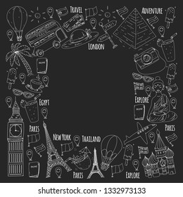 Vector pattern with travel icons. Great vacation, holidays. Hot air balloon, suitcase. Adventures and travel.