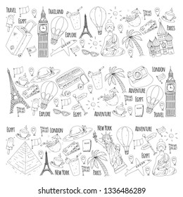 Vector pattern with travel icons. Great vacation, holidays. Hot air balloon, suitcase. Adventures and travel.
