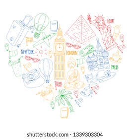 Vector pattern with travel icons. Great vacation, holidays. Hot air balloon, suitcase. Adventures and travel.