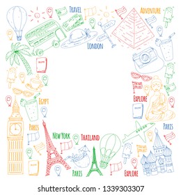 Vector pattern with travel icons. Great vacation, holidays. Hot air balloon, suitcase. Adventures and travel.