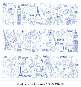Vector pattern with travel icons. Great vacation, holidays. Hot air balloon, suitcase. Adventures and travel.
