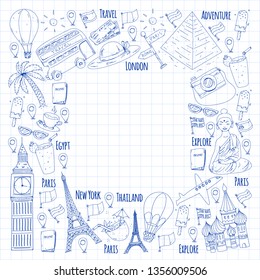 Vector pattern with travel icons. Great vacation, holidays. Hot air balloon, suitcase. Adventures and travel.