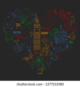 Vector pattern with travel icons. Great vacation, holidays. Hot air balloon, suitcase. Adventures and travel.