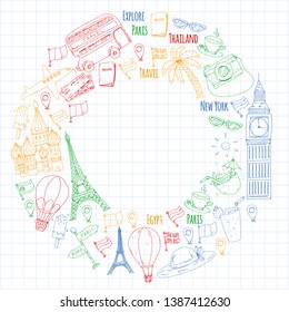 Vector pattern with travel icons. Great vacation, holidays. Hot air balloon, suitcase. Adventures and travel.