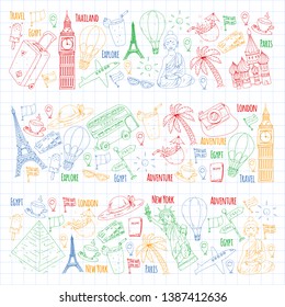 Vector pattern with travel icons. Great vacation, holidays. Hot air balloon, suitcase. Adventures and travel.