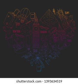 Vector pattern with travel icons. Great vacation, holidays. Hot air balloon, suitcase. Adventures and travel.
