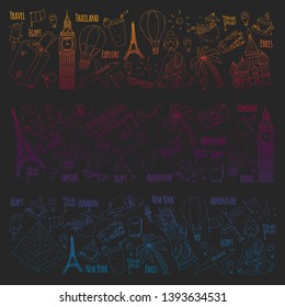 Vector pattern with travel icons. Great vacation, holidays. Hot air balloon, suitcase. Adventures and travel.