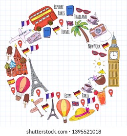 Vector pattern with travel icons. Great vacation, holidays. Hot air balloon, suitcase. Adventures and travel.