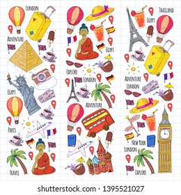 Vector pattern with travel icons. Great vacation, holidays. Hot air balloon, suitcase. Adventures and travel.