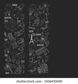 Vector pattern with travel icons. Great vacation, holidays. Hot air balloon, suitcase. Adventures and travel.