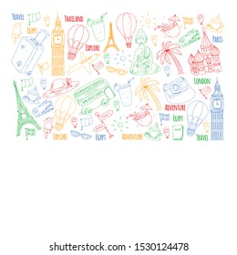 Vector pattern with travel icons. Great vacation, holidays. Hot air balloon, suitcase. Adventures and travel.
