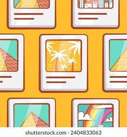 Vector pattern of travel photos in a cute cartoon style.