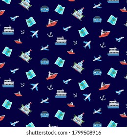 Vector pattern with travel vibes. Cute wrapping paper. Vector pattern with ship, airplane, car, map, earth, compass. Fashion pattern for print, wrapping paper