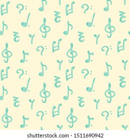 Vector pattern with treble clefs, notes and music symbols. Light vector background. Music, melody.